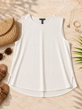 Eileen Fisher White Viscose Blend Sleeveless Tunic Tank Top Small Petite